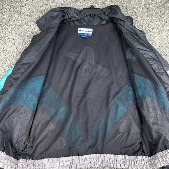 Champion Jacket Mens Large Black Blue Nylon Windbreaker Lined Full Zip Coat - Picture 7 of 13